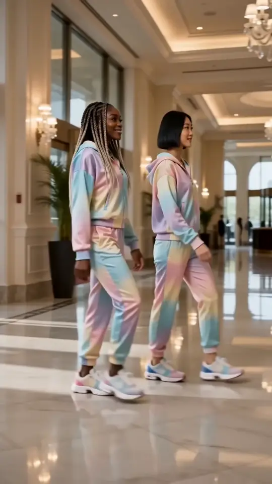 AI rap video: two fictional best friends in matching tracksuits rapping in a marble hotel lobby