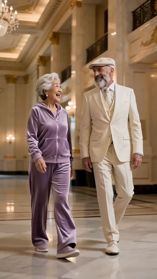 AI rap video: a stylish fictional senior couple rapping as a duo in a grand hotel lobby