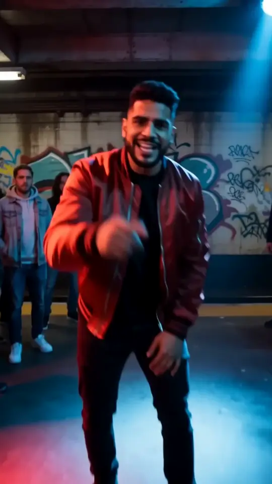 AI rap video: two fictional rappers trading bars on a neon-lit subway platform