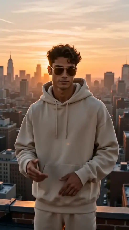 AI rap video: a fictional rapper freestyling on a city rooftop at golden hour